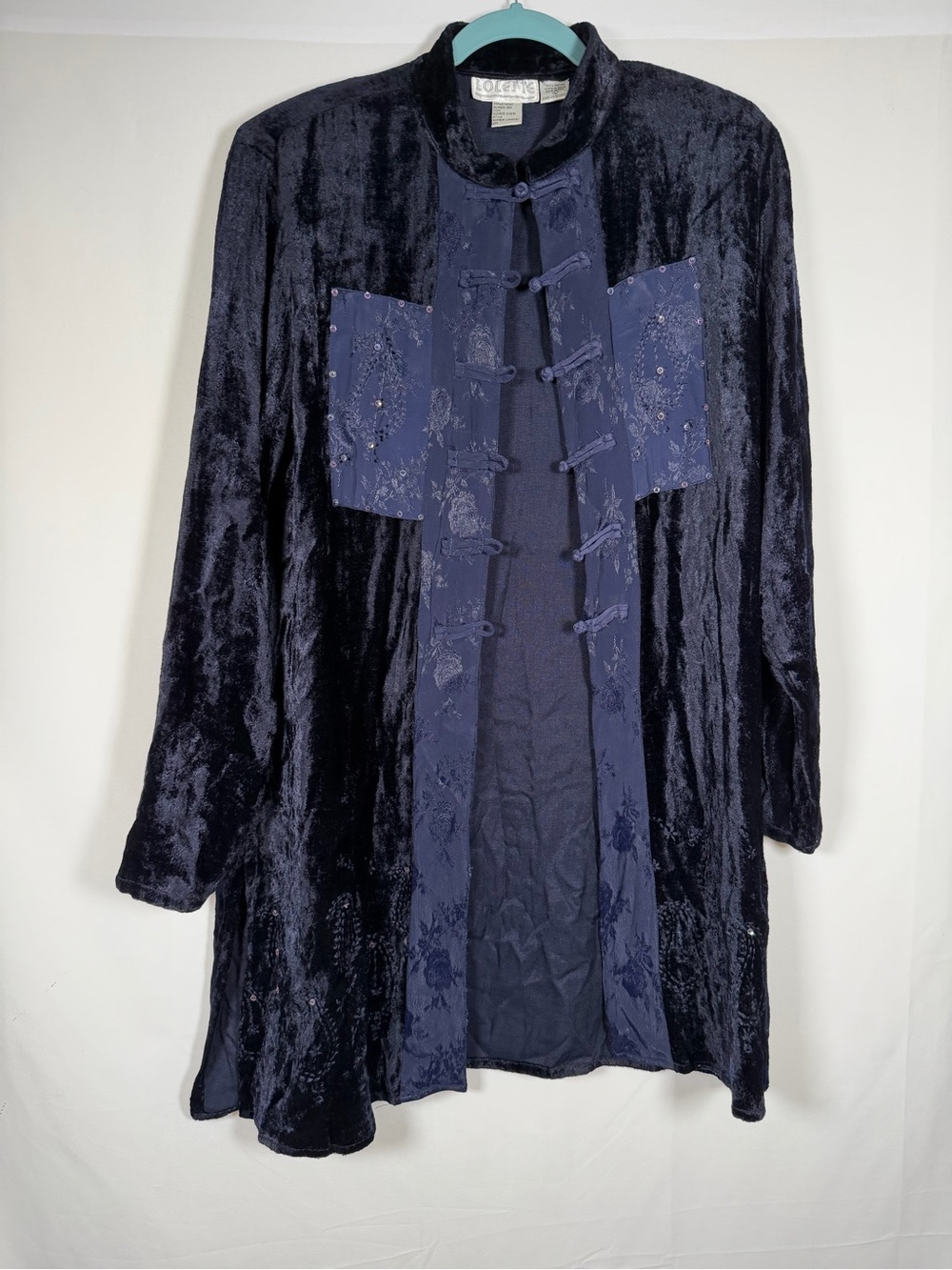 Vintage Y2K Whimsigoth Navy Velvet Mixed Media Mandarin Collar Duster Jacket
